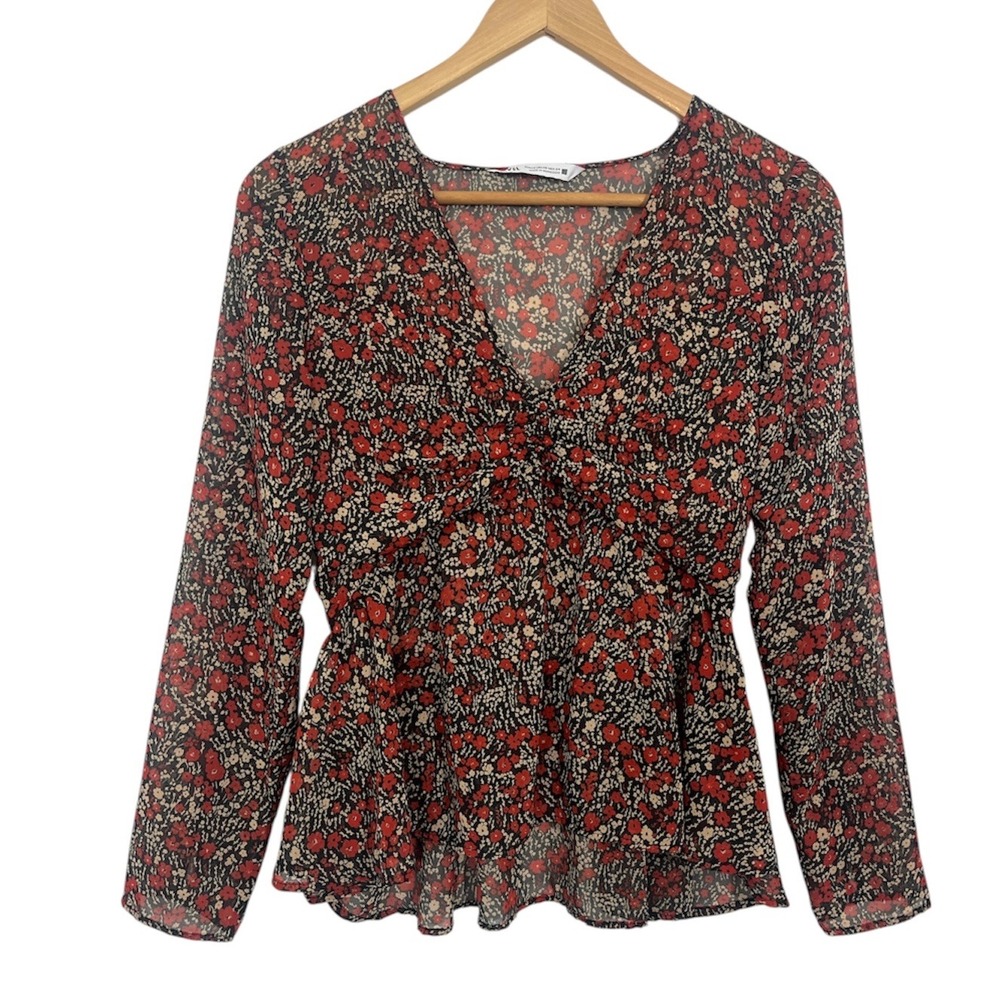 ZARA Floral Print Long Sleeve VNeck Peplum Blouse Top Sheer Sz. XS Boho Country